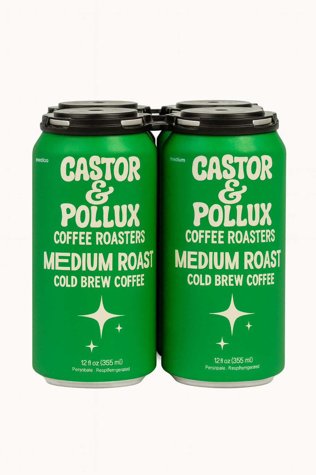 A four-pack of Castor & Pollux Coffee Roasters’ Medium Roast cold brew cans, shown in vibrant green with cream lettering and a black carrier on a white background.