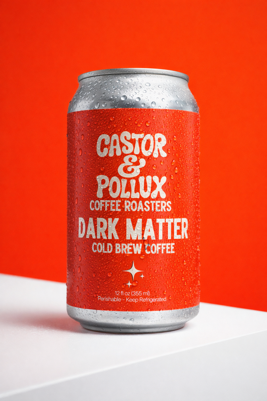 Can of Castor & Pollux Dark Matter Cold Brew Coffee against a red background