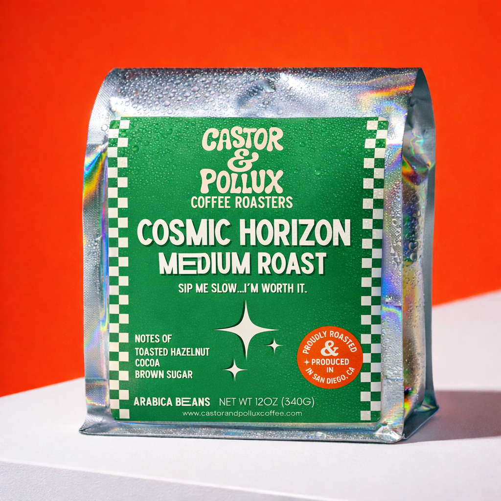 Coffee package with green label featuring 'Castor & Pollux' branding on a red background