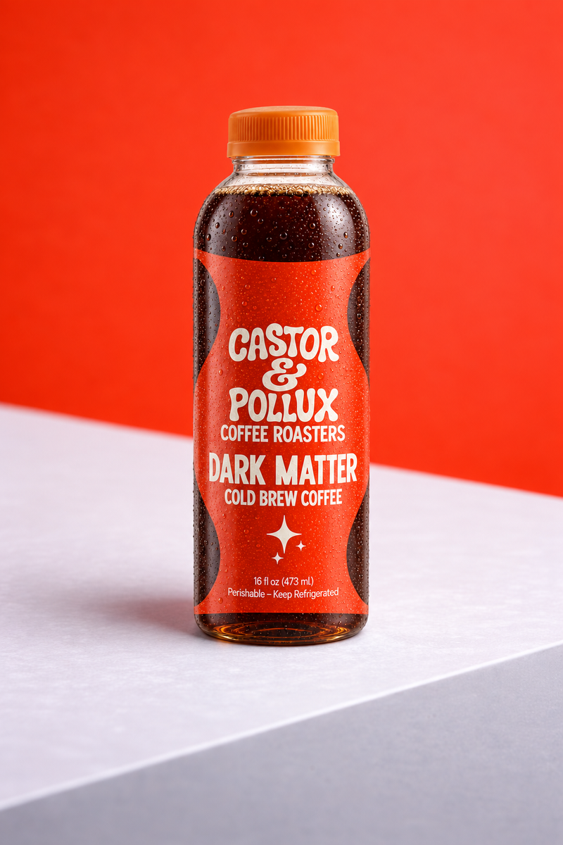 Dark Matter 16-ounce cold brew bottle with an orange cap